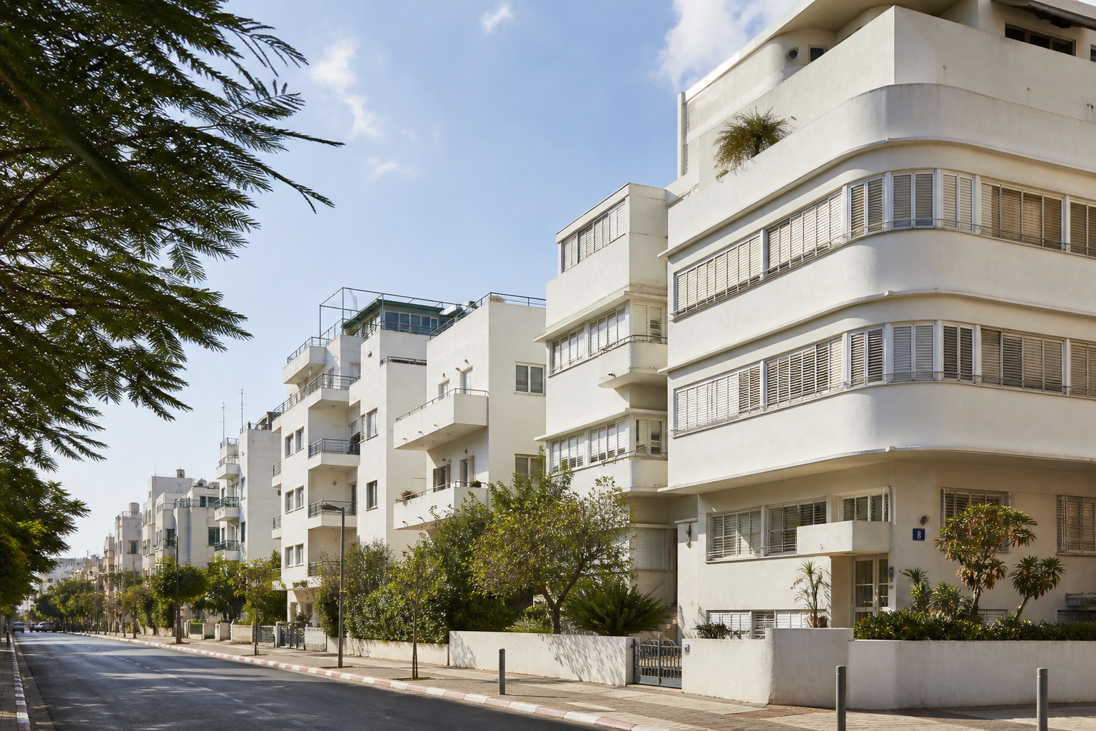 Sunlit white Bauhaus apartment buildings along a Tel Aviv street