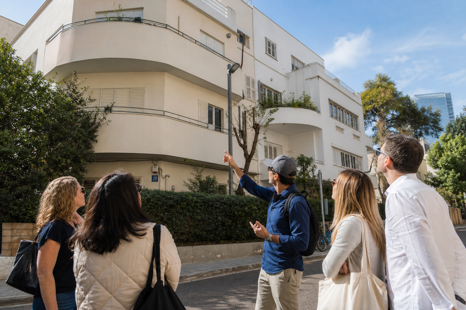 Small tour group looking at a White City Bauhaus building